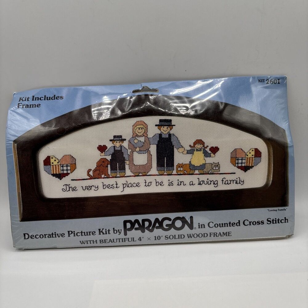 Vtg Paragon Counted Cross Stitch Kit-Loving Family-Framed Picture New 2601 Retro